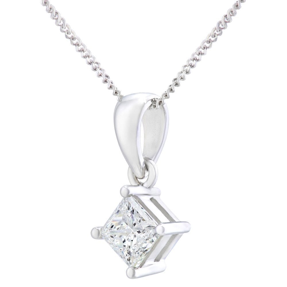 Platinum 0.75 Carat Natural Diamond Solitaire Princess  Pendant with Platinum Chain