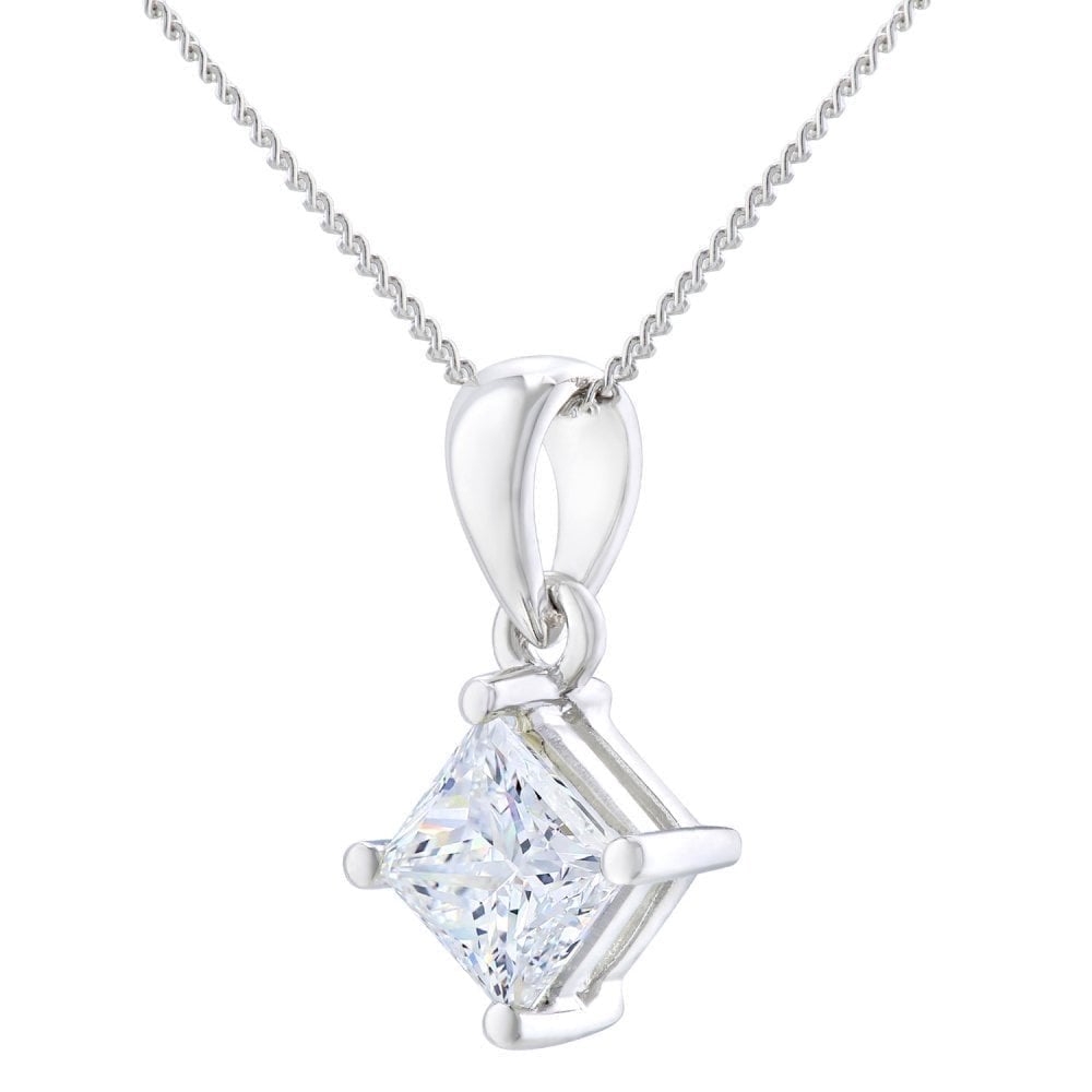 Platinum 1 Carat Natural Diamond Solitaire Princess  Pendant with Platinum Chain