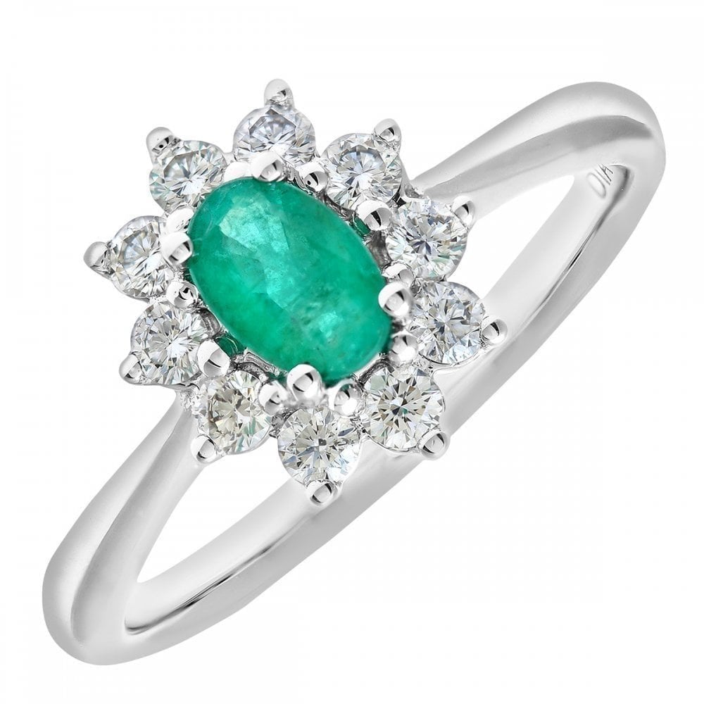 18ct White Gold 0.45ct Oval Emerald and 0.33ct  Diamond Cluster Ring