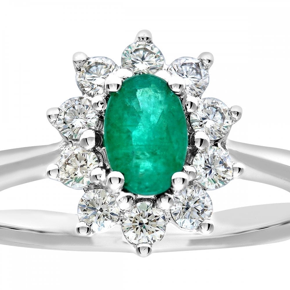18ct White Gold 0.45ct Oval Emerald and 0.33ct  Diamond Cluster Ring