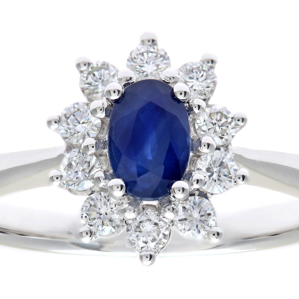 0.93 Ct Oval Natural Blue Sapphire and Diamond Halo Ring in 18ct White Gold