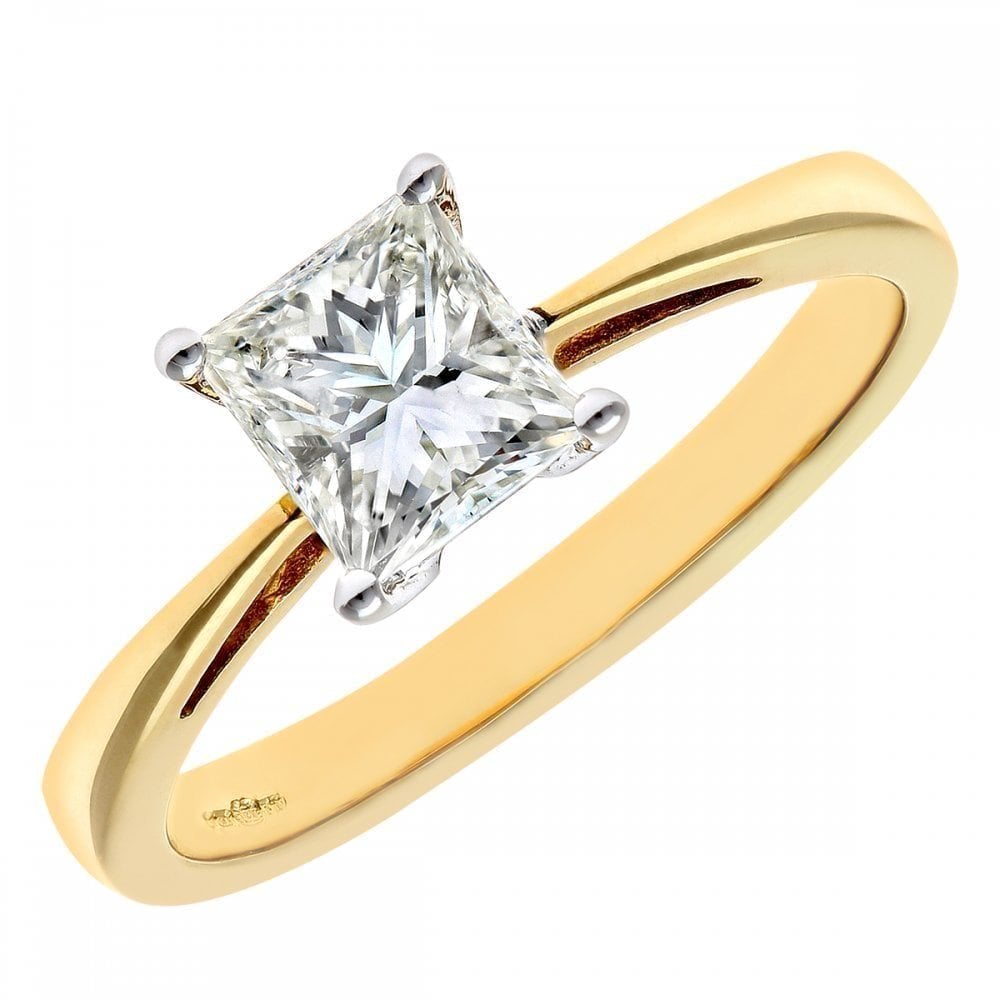 18ct Yellow Gold Engagement Ring, J/I Certified 1ct Diamond, Princess Cut