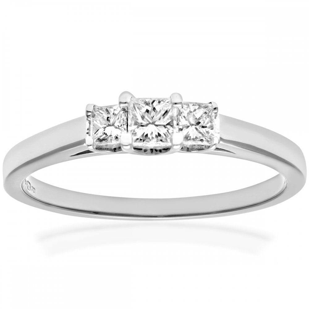 18ct White Gold Trilogy Ring, J/I Certified 0.33ct Diamonds, Princess Cut