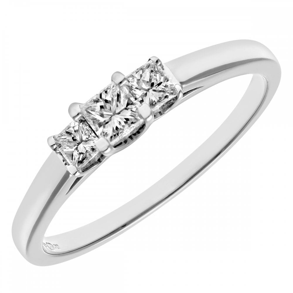 18ct White Gold Trilogy Ring, J/I Certified 0.33ct Diamonds, Princess Cut