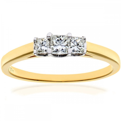 18ct Yellow Gold Trilogy Ring, J/I Certified 0.33ct Diamonds, Princess Cut