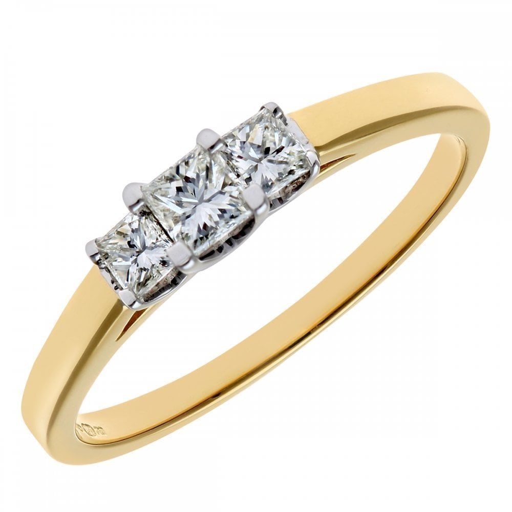 18ct Yellow Gold Trilogy Ring, J/I Certified 0.33ct Diamonds, Princess Cut
