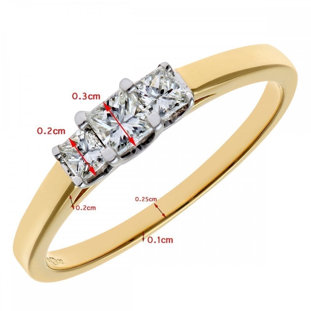 18ct Yellow Gold Trilogy Ring, J/I Certified 0.33ct Diamonds, Princess Cut