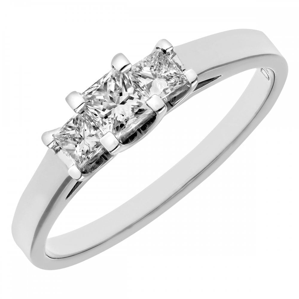 Platinum Trilogy Ring, J/I Certified 0.50ct Diamonds, Princess Cut