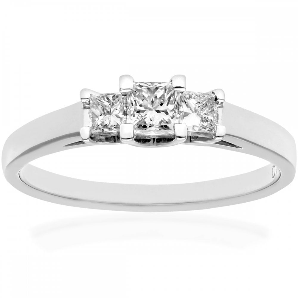 18ct White Gold Trilogy Ring, J/I Certified 0.50ct Diamonds, Princess Cut