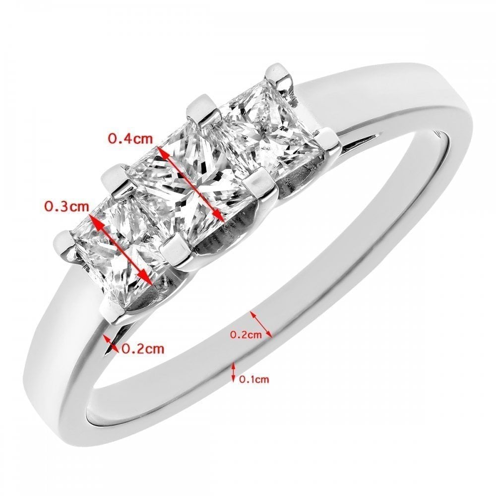 Platinum Trilogy Ring, J/I Certified 0.75ct Diamonds, Princess Cut