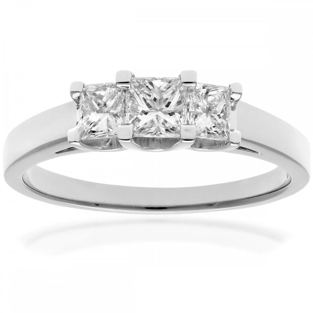 18ct White Gold Trilogy Ring, J/I Certified 0.75ct Diamonds, Princess Cut