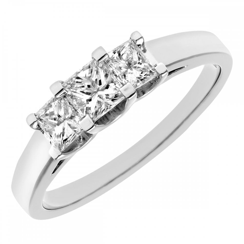 18ct White Gold Trilogy Ring, J/I Certified 0.75ct Diamonds, Princess Cut