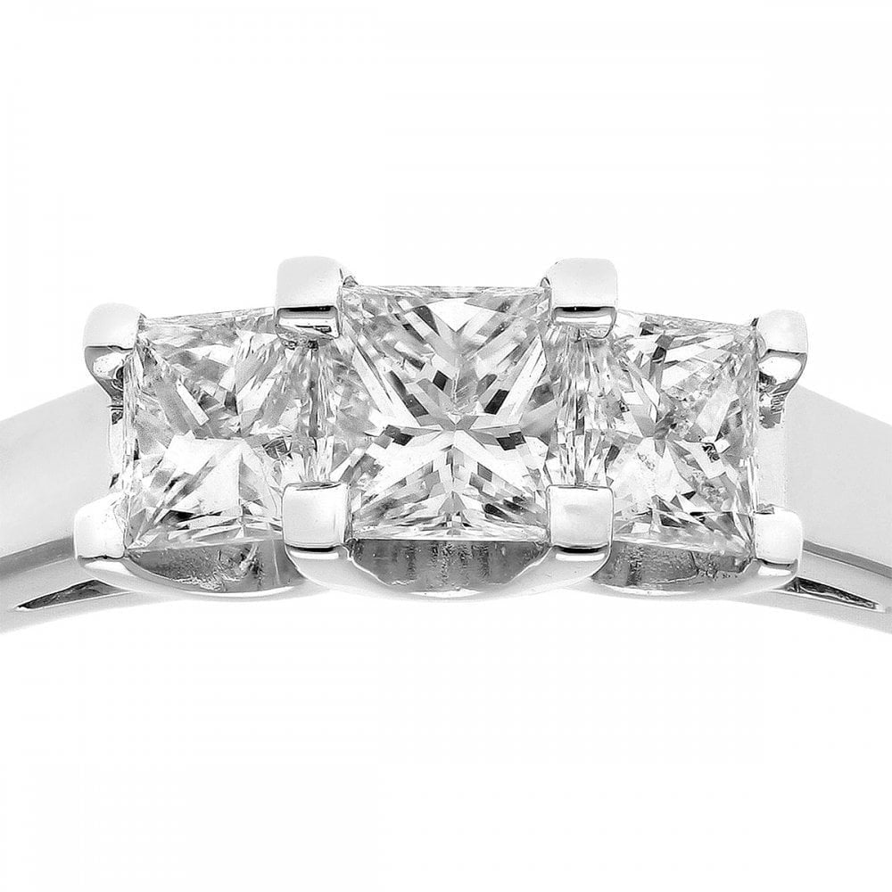 18ct White Gold Trilogy Ring, J/I Certified 0.75ct Diamonds, Princess Cut