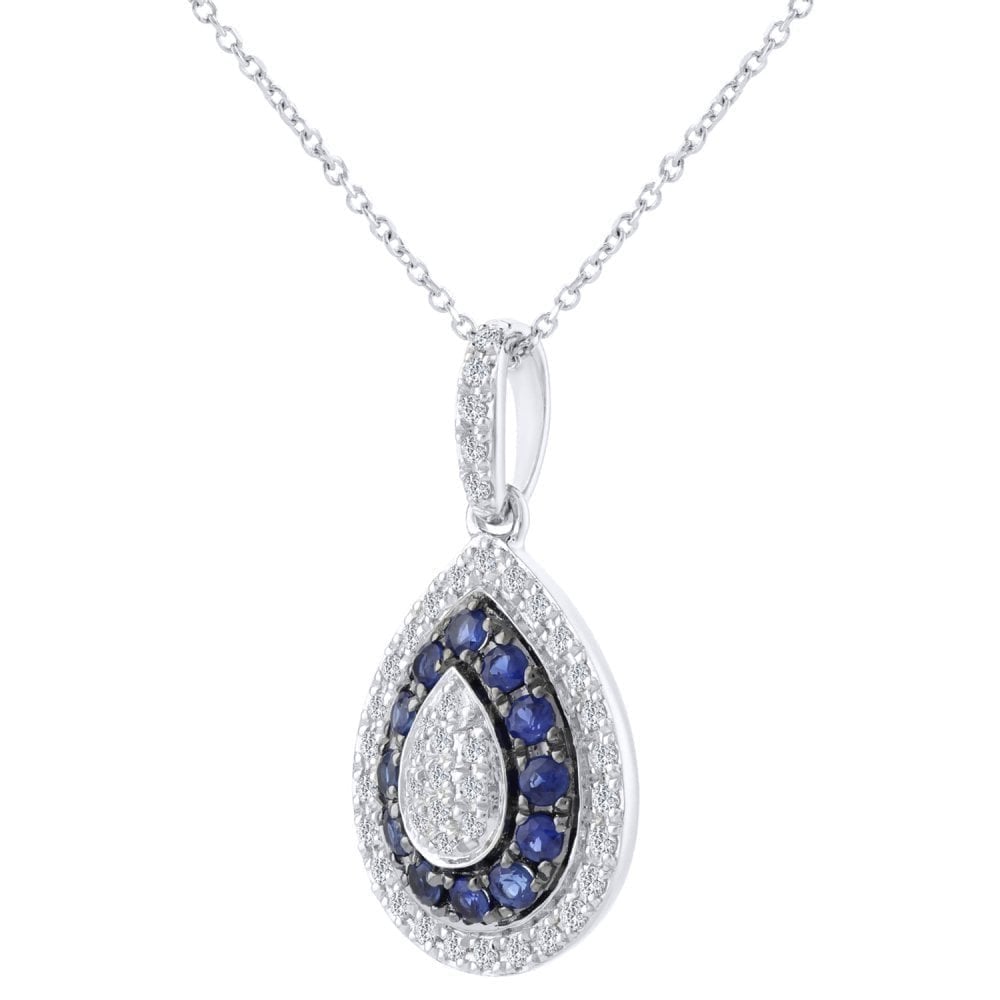 Round Natural Blue Sapphire and Diamond Drop Necklace with Chain in 9ct White Gold