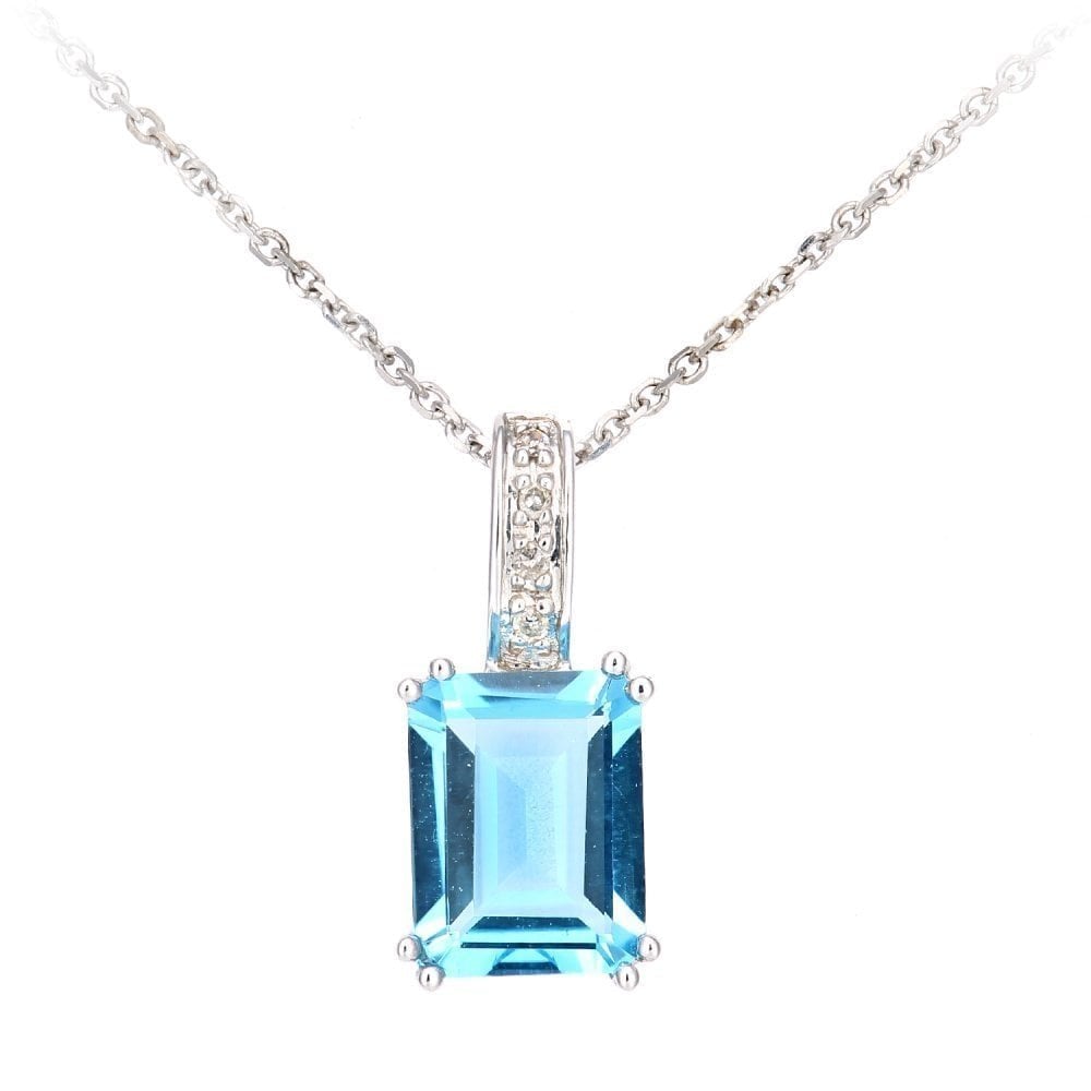 Swiss Blue Topaz and Diamond Solitaire Necklace in 9ct White Gold