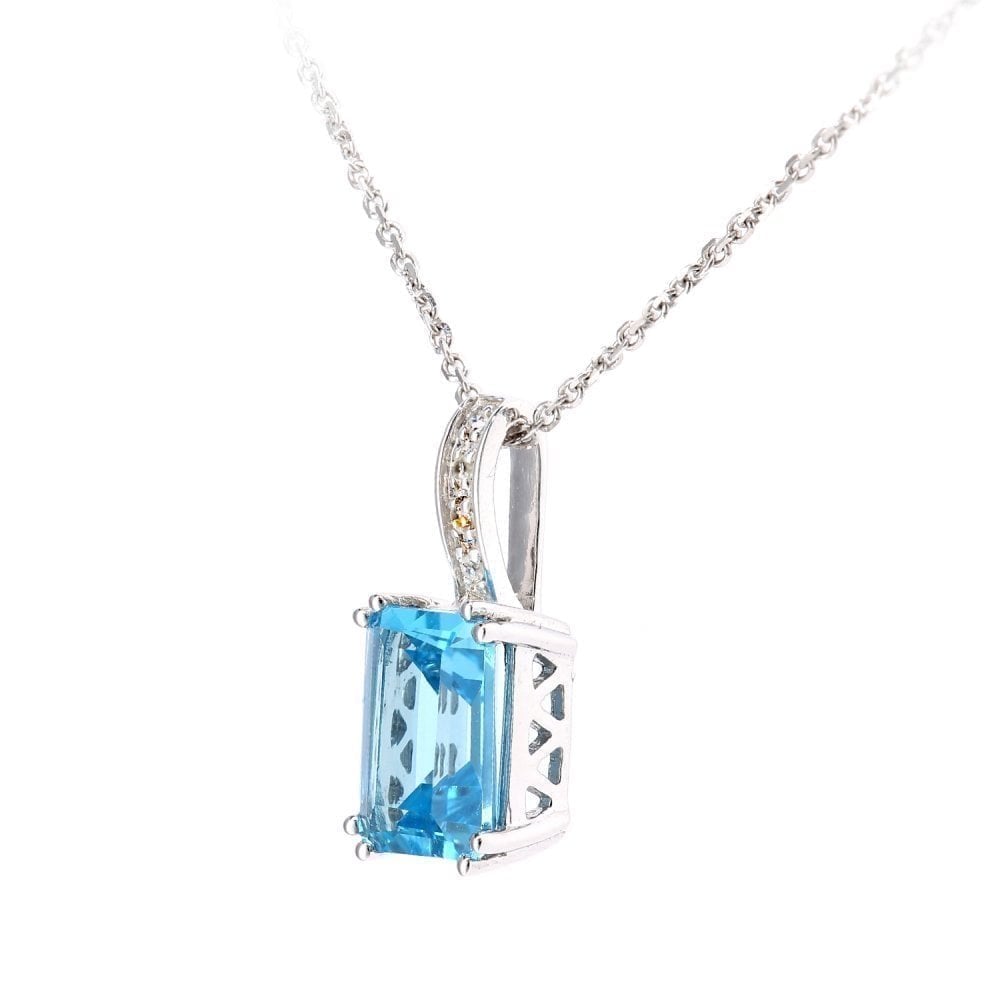 Swiss Blue Topaz and Diamond Solitaire Necklace in 9ct White Gold