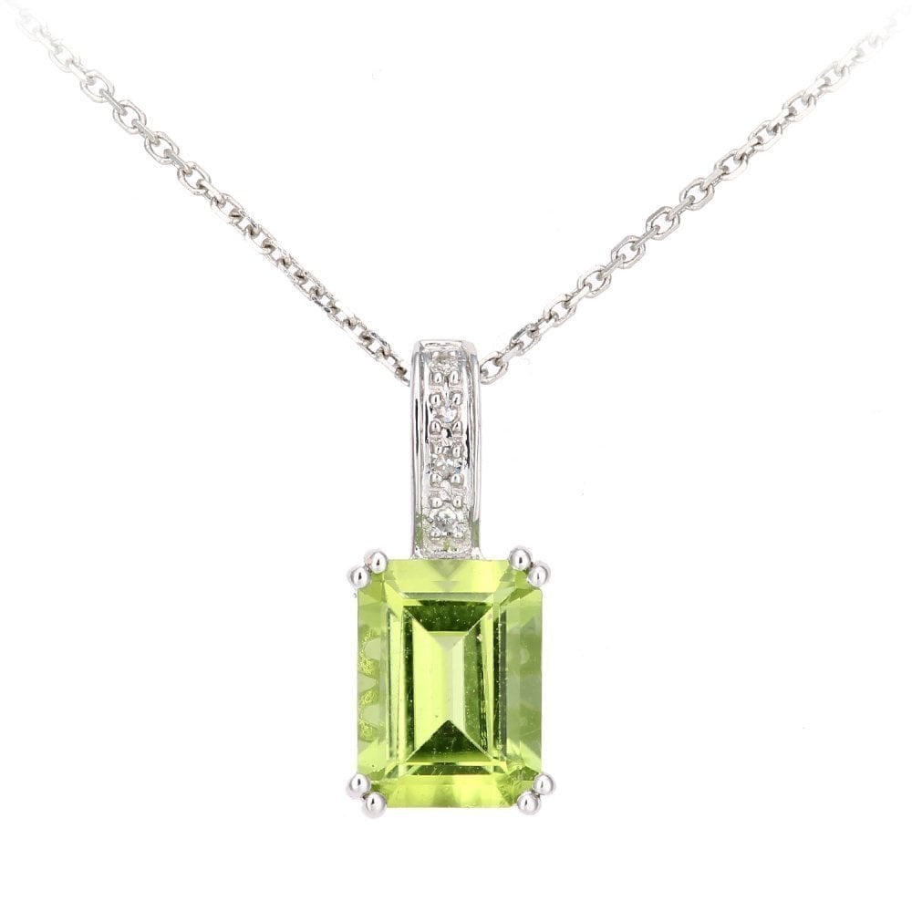 9ct White Gold Octagon Peridot and Diamond Pendant Necklace