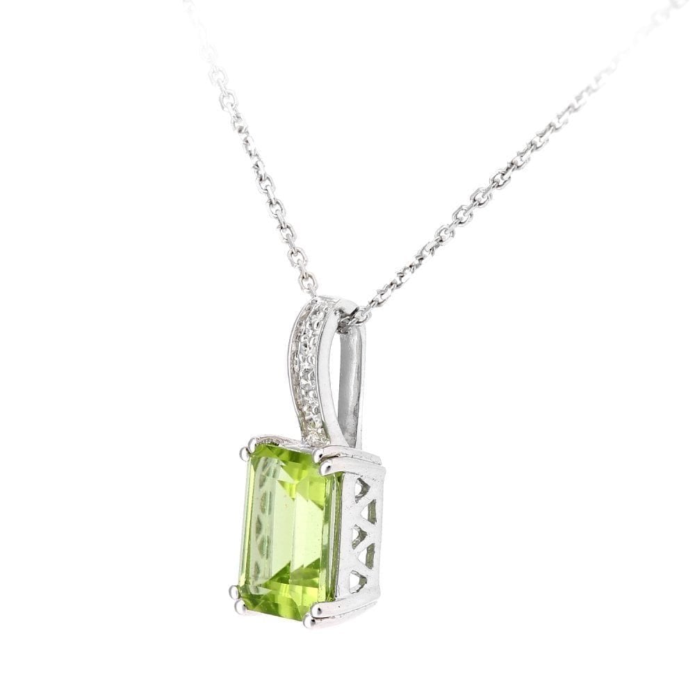 9ct White Gold Octagon Peridot and Diamond Pendant Necklace