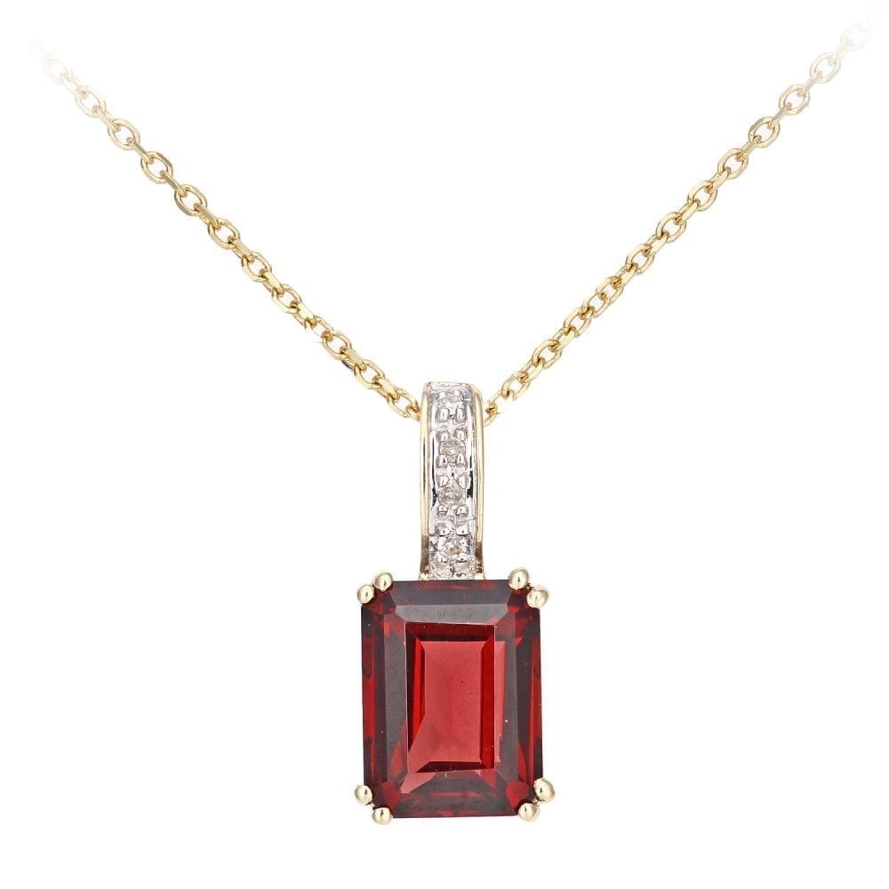 9ct Yellow Gold Octagon Garnet and 0.02ct Diamond Pendant Necklace