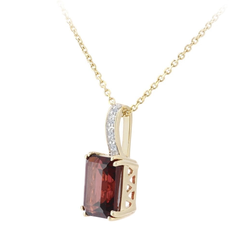 9ct Yellow Gold Octagon Garnet and 0.02ct Diamond Pendant Necklace