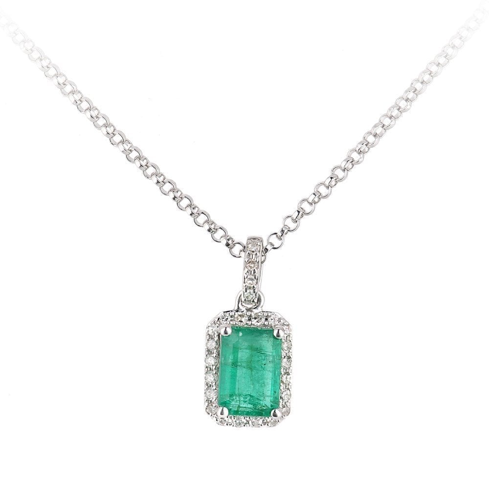 Emerald Halo Necklace 18ct White Gold | Prime Jewellery