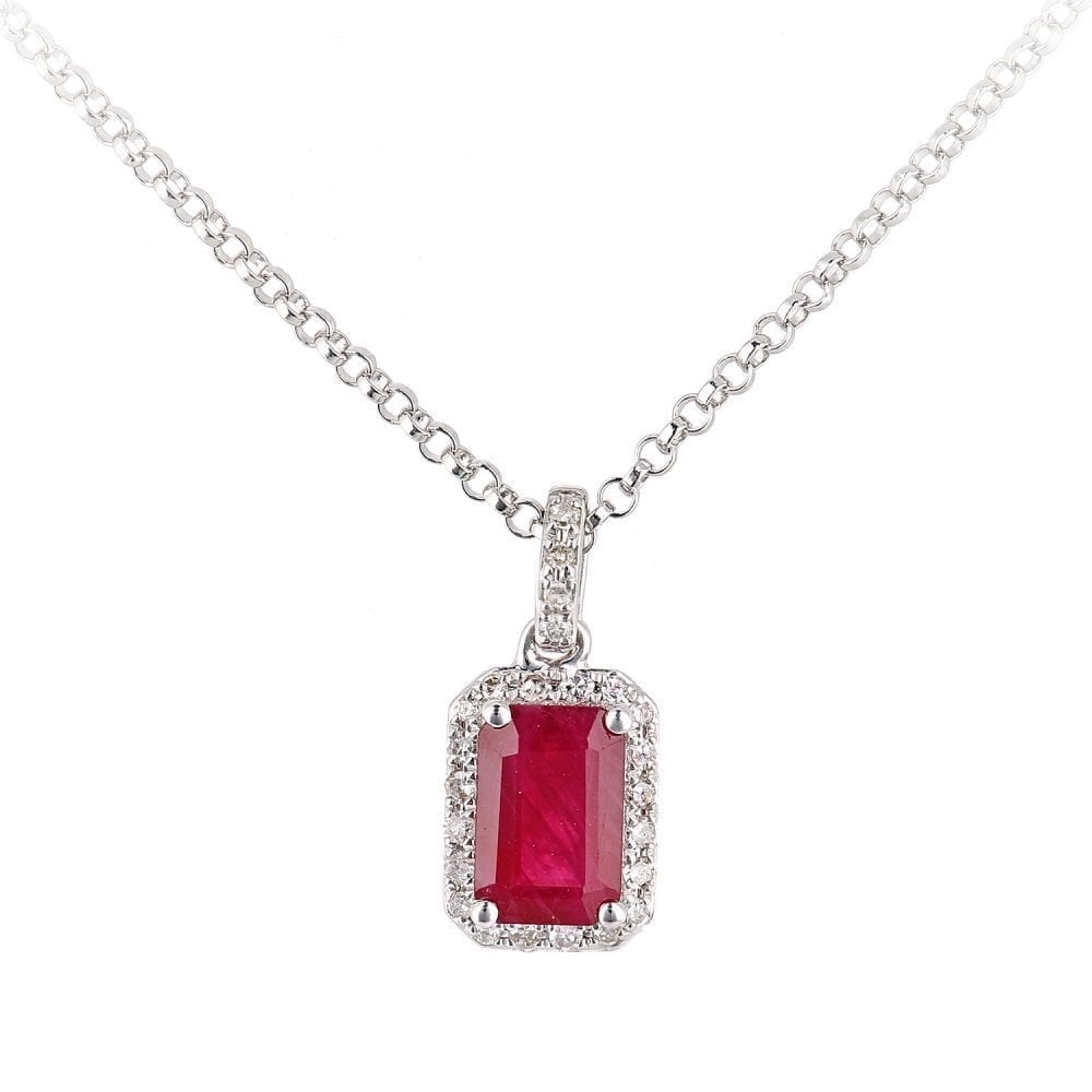 18ct White Gold Octagon Ruby and 0.05ct Diamond Cluster Pendant Necklace