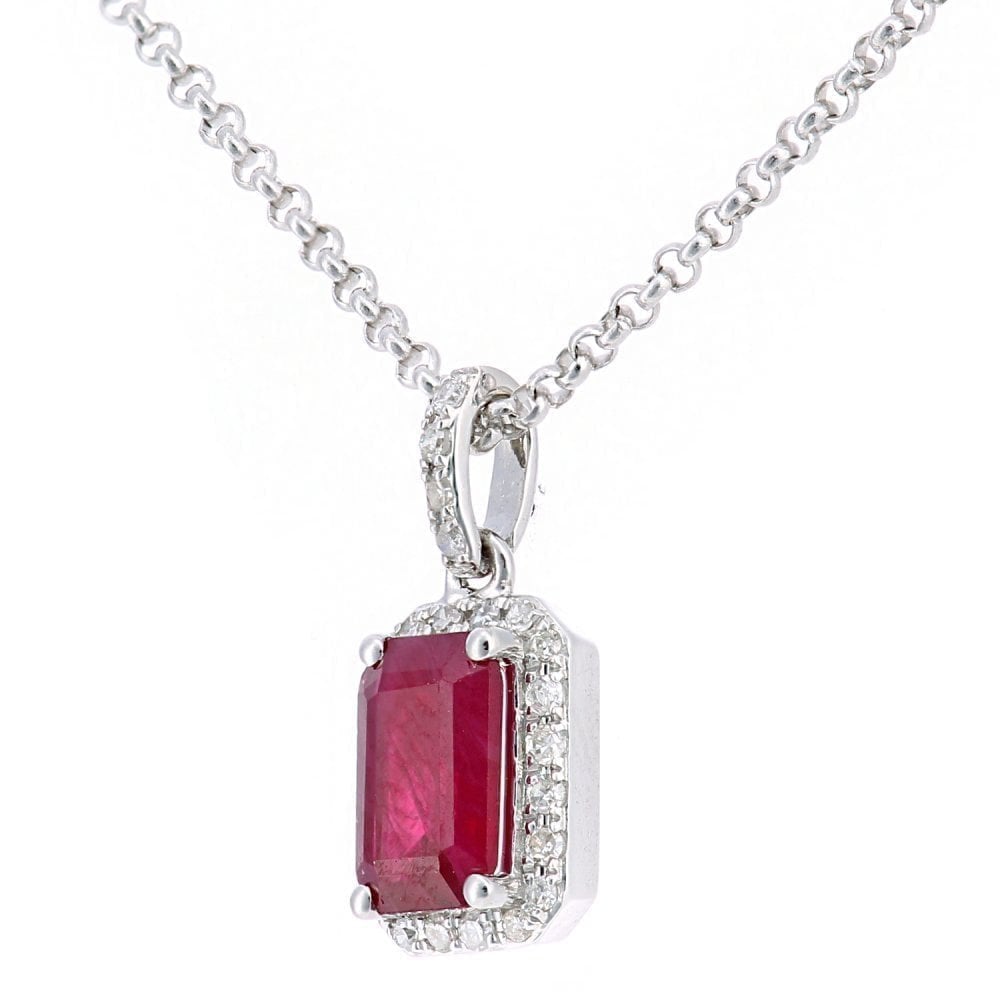 18ct White Gold Octagon Ruby and 0.05ct Diamond Cluster Pendant Necklace