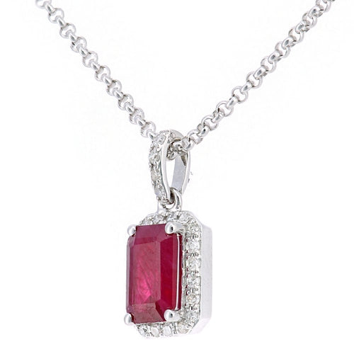 18ct White Gold Octagon Ruby and 0.05ct Diamond Cluster Pendant Necklace