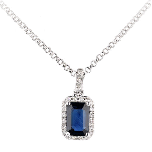 Blue Sapphire Halo Necklace 18ct White Gold | Prime Jewellery