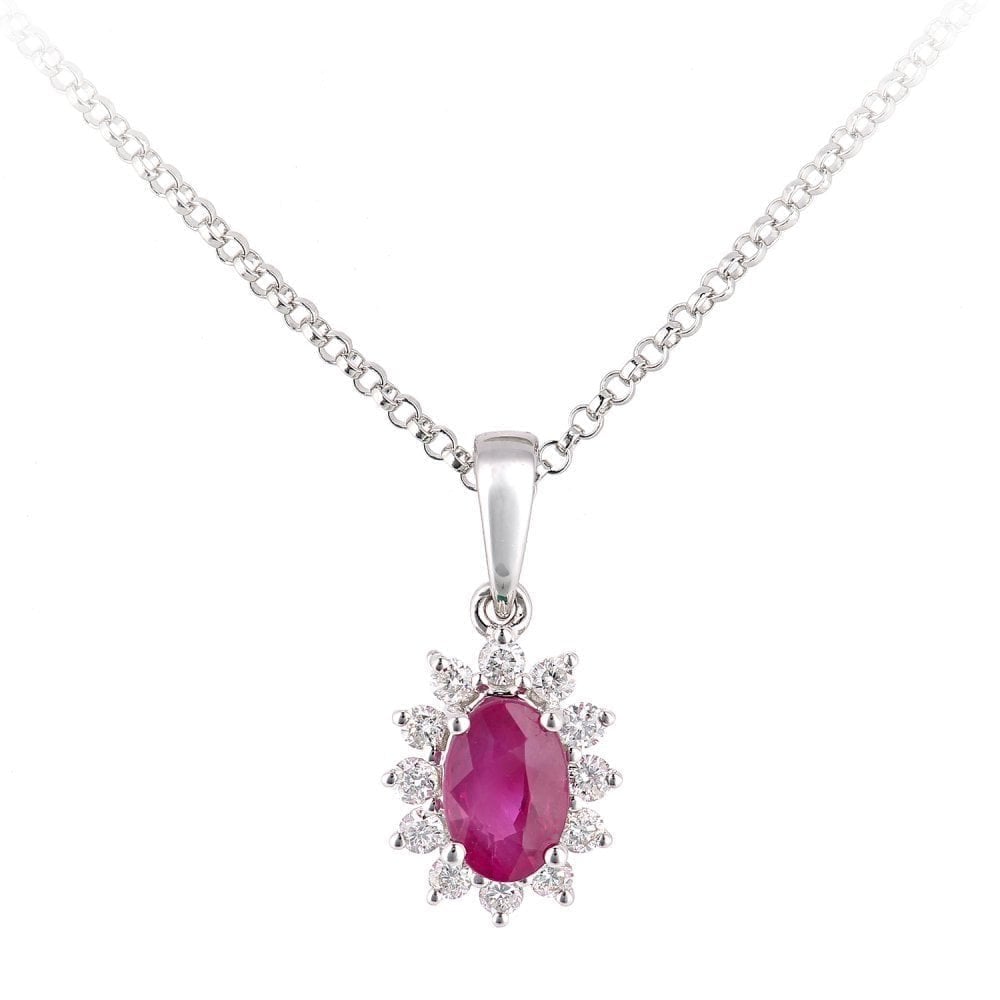 18ct White Gold Oval Ruby and Diamond Cluster Pendant Necklace