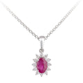 18ct White Gold Oval Ruby and Diamond Cluster Pendant Necklace