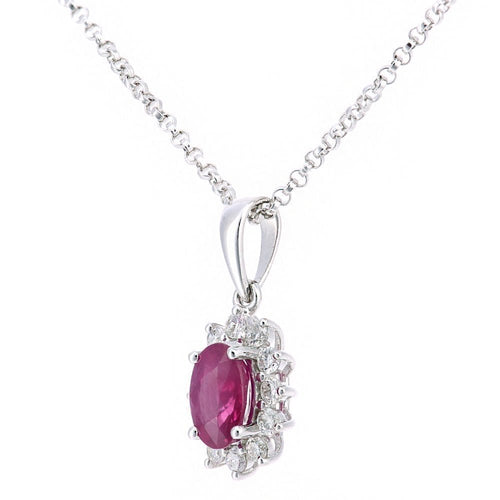18ct White Gold Oval Ruby and Diamond Cluster Pendant Necklace