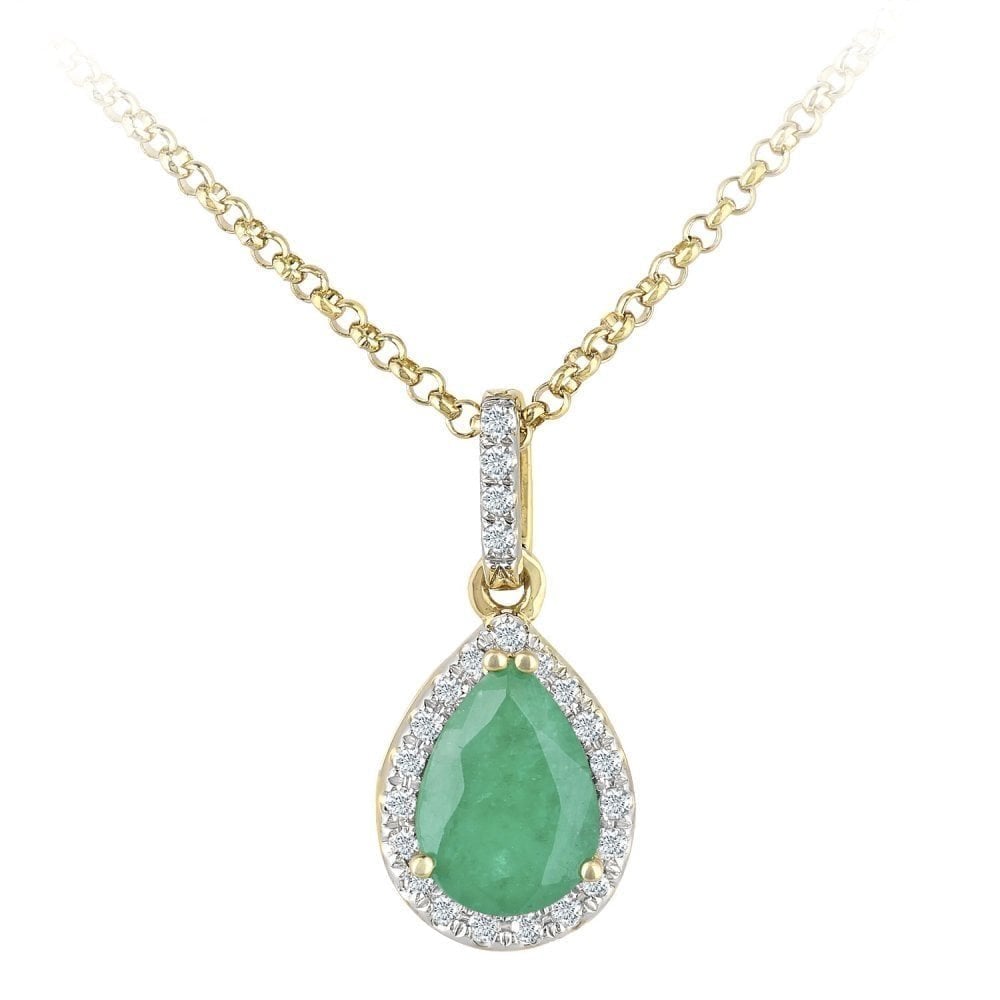 18ct Yellow Gold 0.60ct Pear Emerald & Diamond Cluster Pendant Necklace