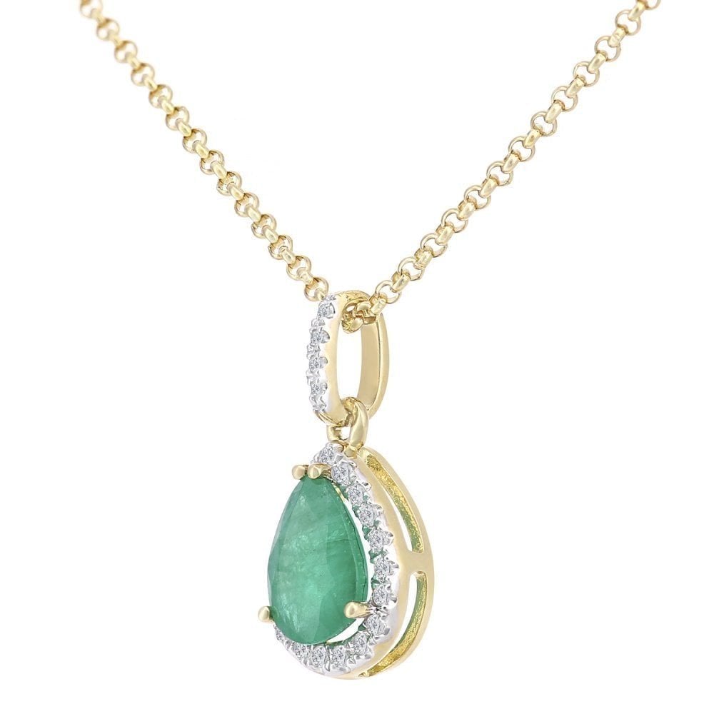 18ct Yellow Gold 0.60ct Pear Emerald & Diamond Cluster Pendant Necklace