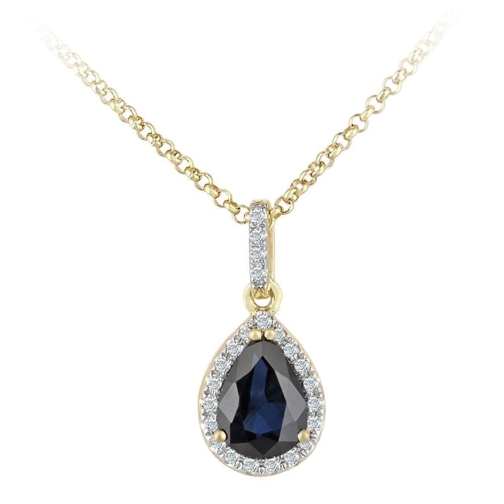 Blue Sapphire Halo Necklace 18ct Yellow Gold | Prime Jewellery