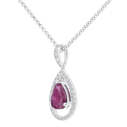 18ct White Gold Pear Ruby and 0.10ct Diamond Teardrop Pendant Necklace