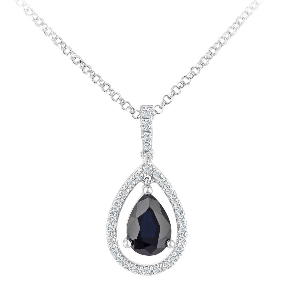 0.85 Ct Pear Natural Blue Sapphire and Diamond Drop Halo Necklace with Chain in 18ct White Gold Size 16 Inches