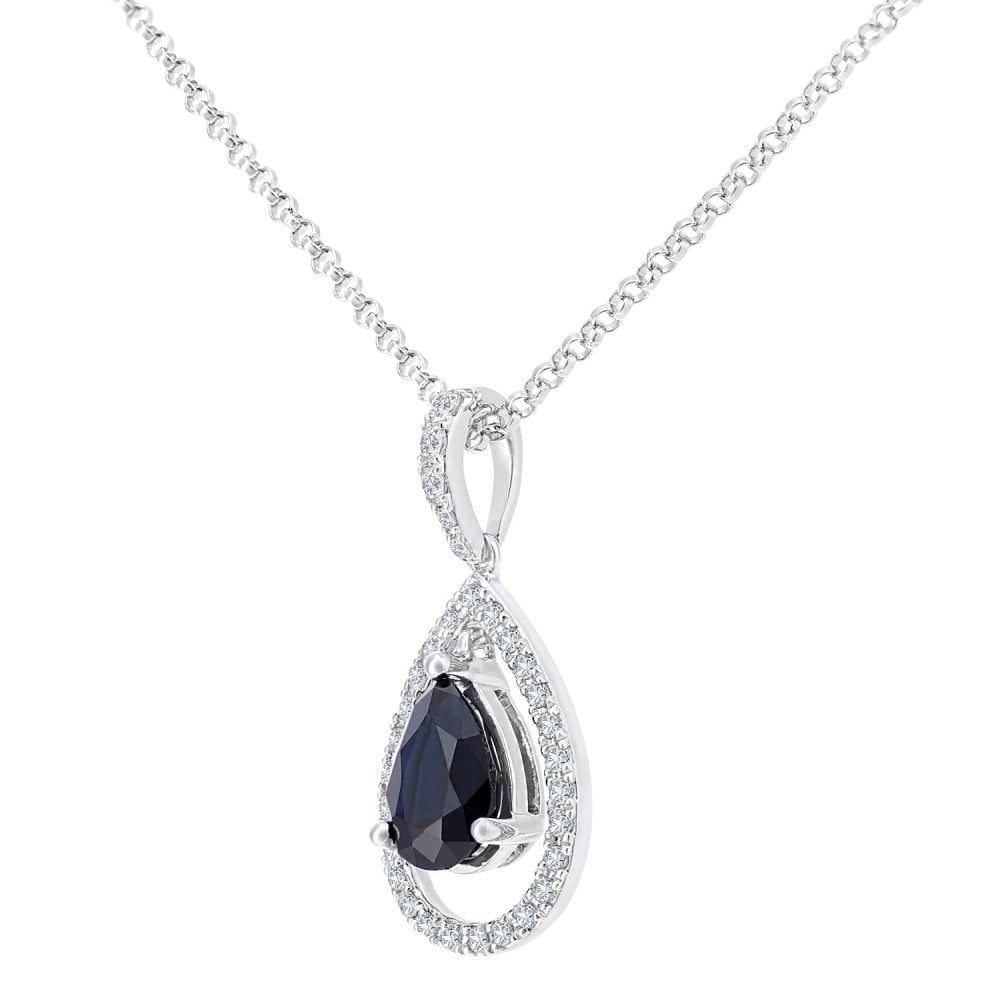 0.85 Ct Pear Natural Blue Sapphire and Diamond Drop Halo Necklace with Chain in 18ct White Gold Size 16 Inches