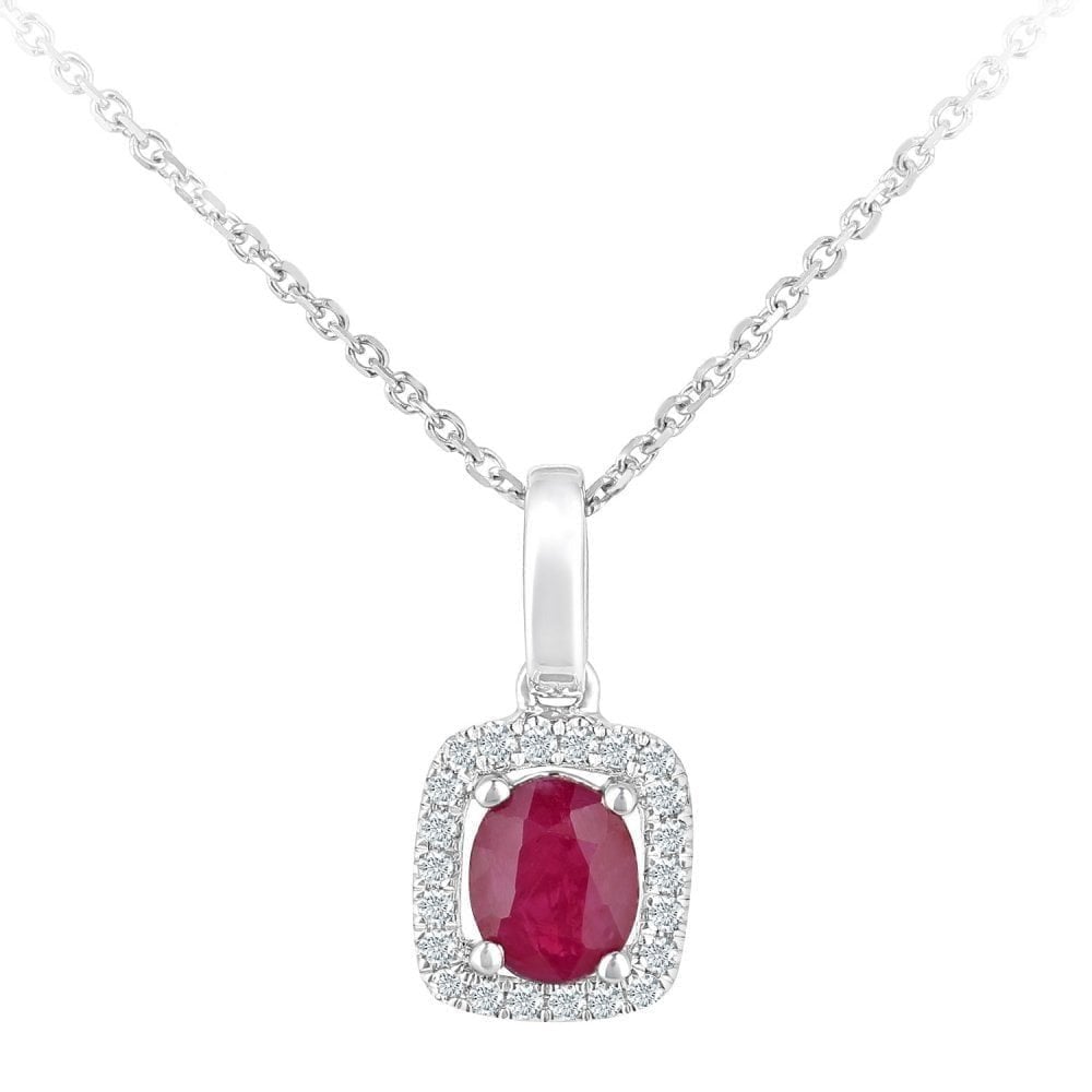 9ct White Gold Oval Ruby and 0.05ct Diamond Cluster Pendant Necklace