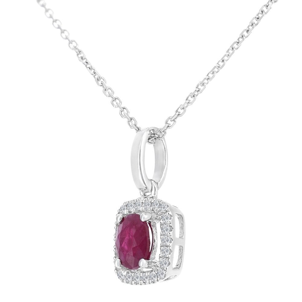 9ct White Gold Oval Ruby and 0.05ct Diamond Cluster Pendant Necklace