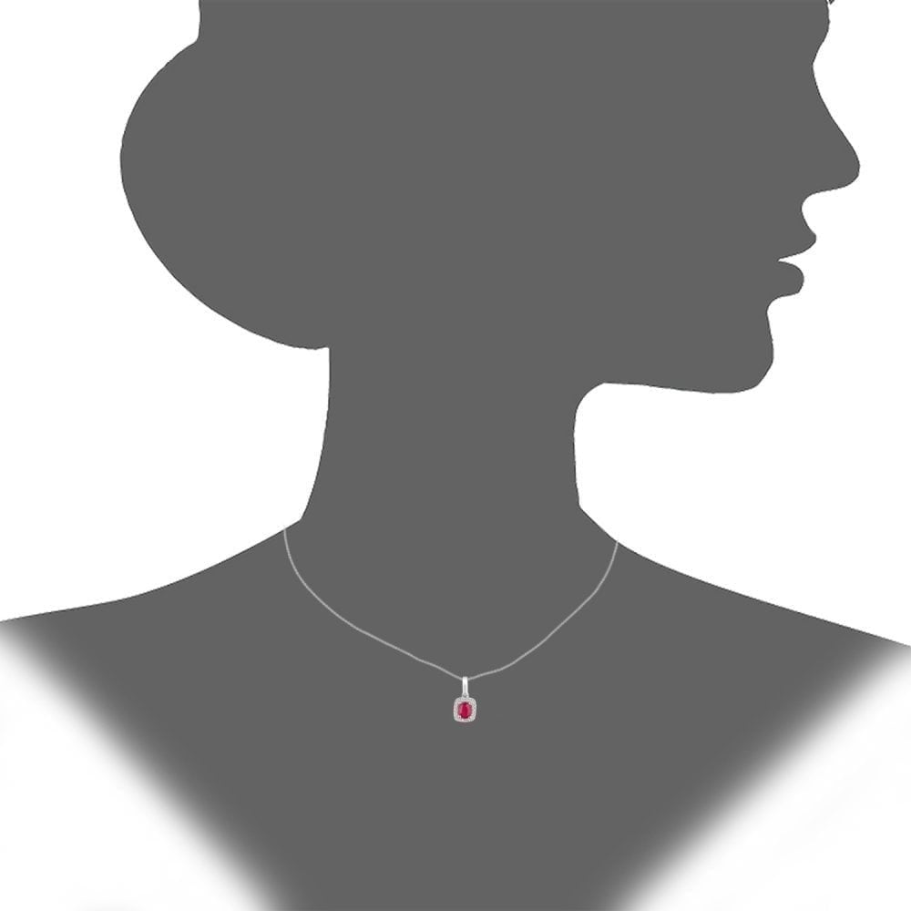 9ct White Gold Oval Ruby and 0.05ct Diamond Cluster Pendant Necklace