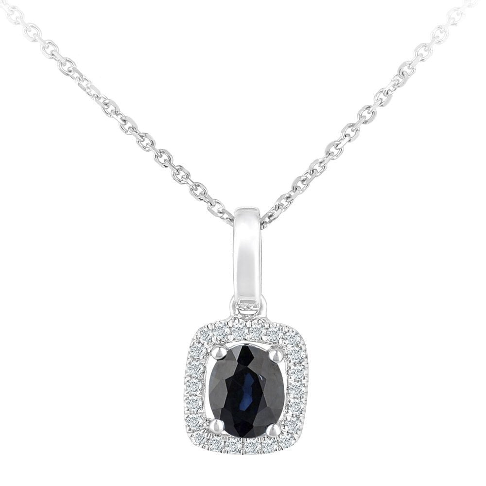 Oval Natural Blue Sapphire and Diamond Solitaire Halo Necklace in 9ct White Gold