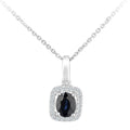 Oval Natural Blue Sapphire and Diamond Solitaire Halo Necklace in 9ct White Gold