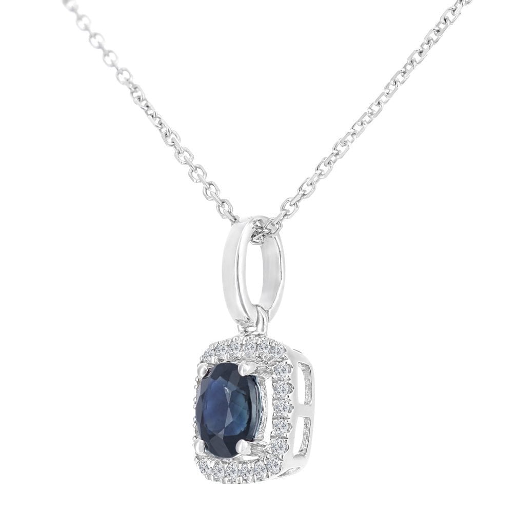 Oval Natural Blue Sapphire and Diamond Solitaire Halo Necklace in 9ct White Gold
