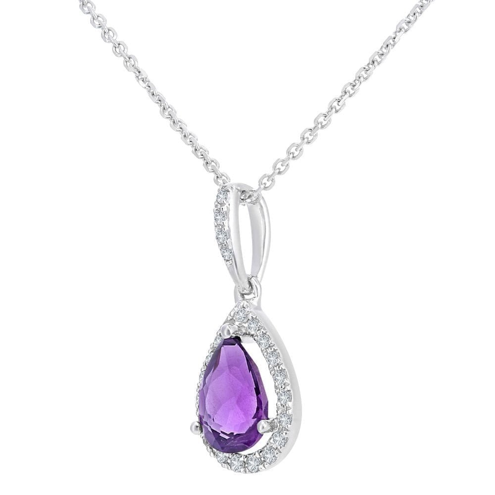 9ct White Gold Amethyst and Diamond Teardrop Pendant Necklace