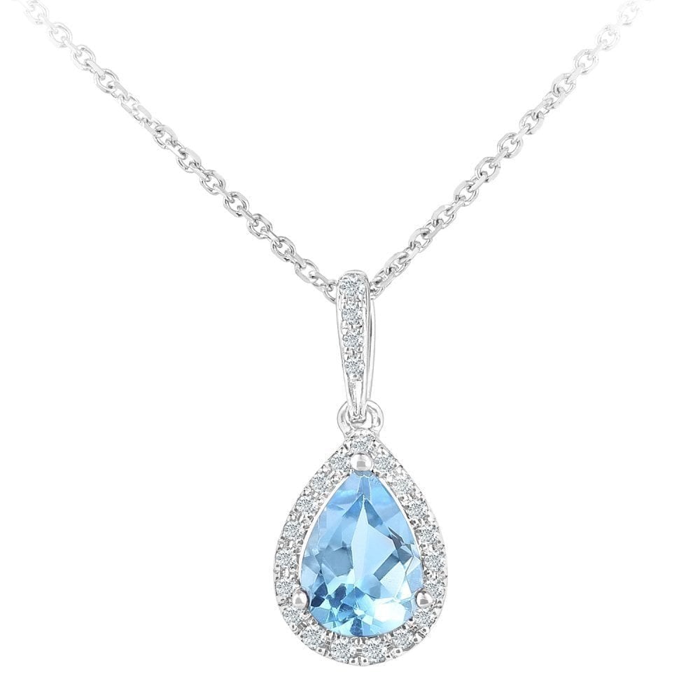 9ct White Gold Sky Blue Topaz and Natural Diamond Halo Pear Necklace with Gold Chain