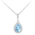 9ct White Gold Sky Blue Topaz and Natural Diamond Halo Pear Necklace with Gold Chain