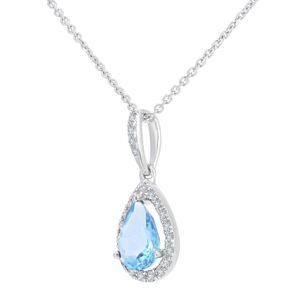 9ct White Gold Sky Blue Topaz and Natural Diamond Halo Pear Necklace with Gold Chain