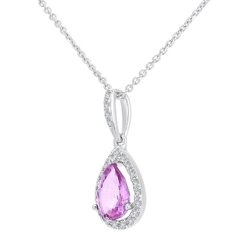 9ct White Gold Created Pink Sapphire and Diamond Teardrop Pendant Necklace