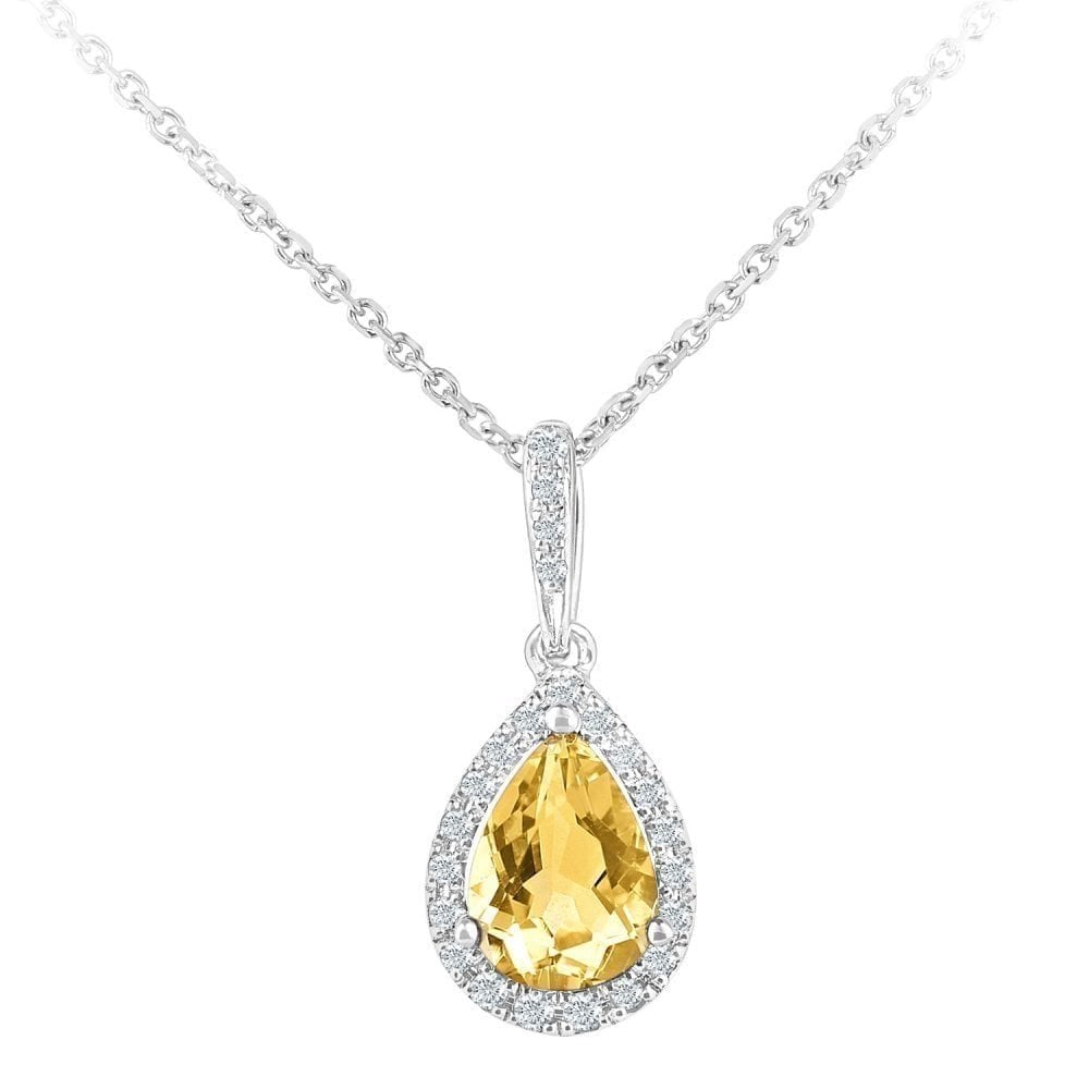 Pear Citrine and Diamond Halo Necklace with Chain in 9ct White Gold